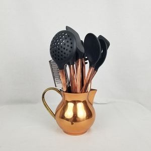 Very rustic 12 piece copper rubber cooking utensils w/ copper and brass pitcher